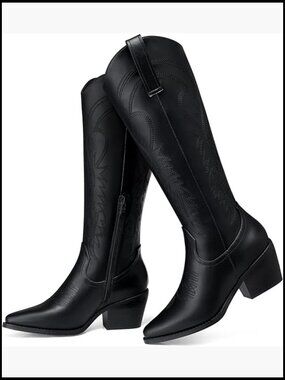 Cowboy Boots for Women Cowgirl: Knee High Pointed Toe Chunky Heel Wide Calf